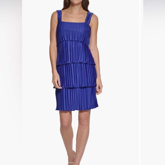 DKNY Berry Blue 💙 Plisse Tiered Satin Dress Size 16 - Picture 3 of 12